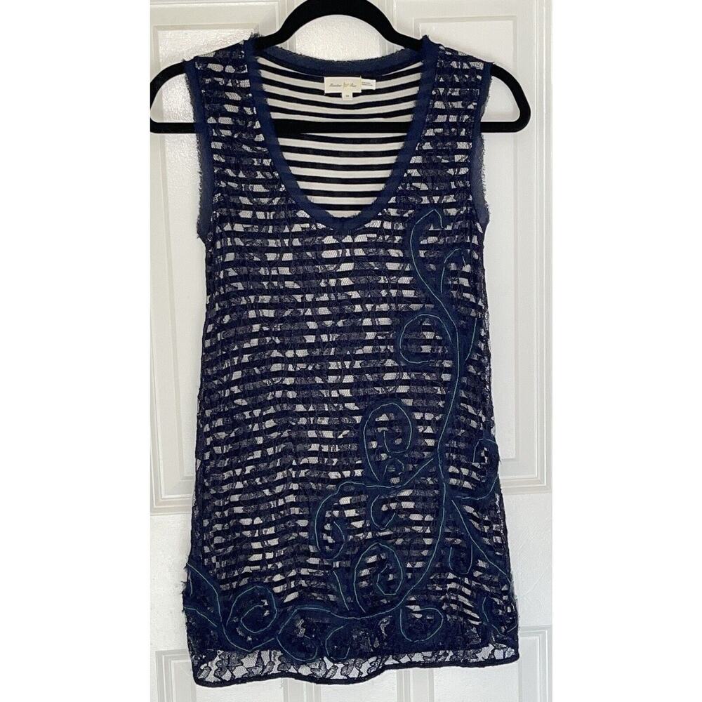 Anthropologie Meadow Rue Lace Overlay Tank Top Blue Cream Stripe Size XS